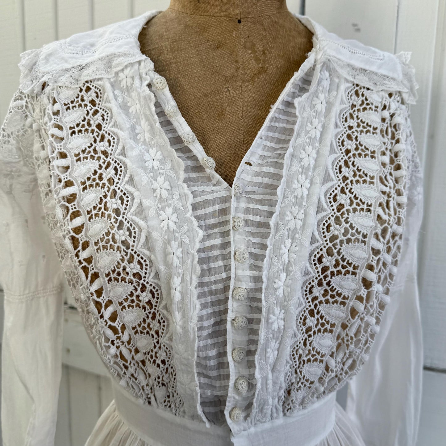 Antique Victorian Cotton Lace and Eyelet Long Sleeve Mini Dress