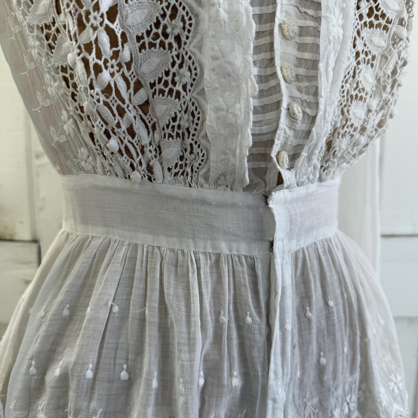 Antique Victorian Cotton Lace and Eyelet Long Sleeve Mini Dress
