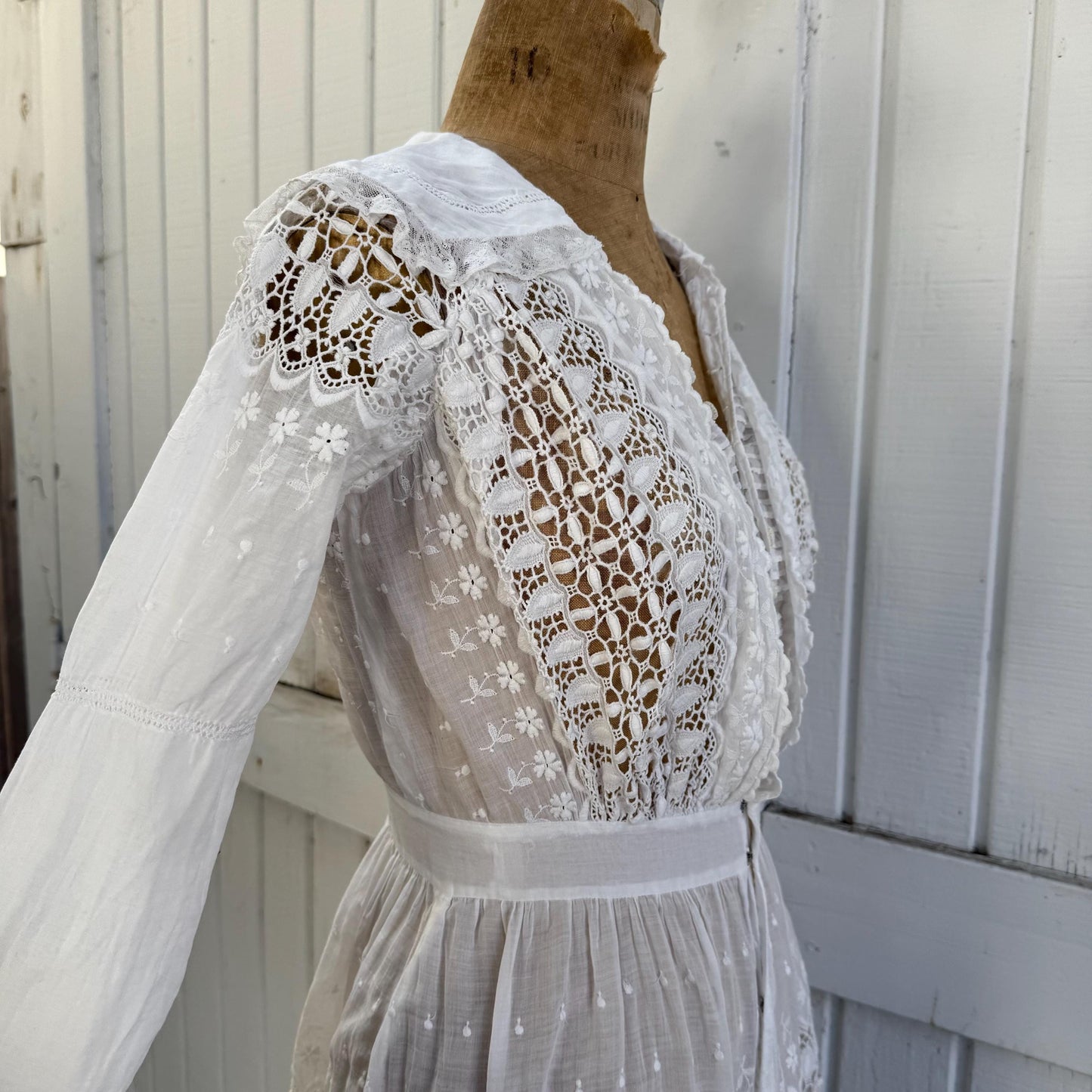 Antique Victorian Cotton Lace and Eyelet Long Sleeve Mini Dress
