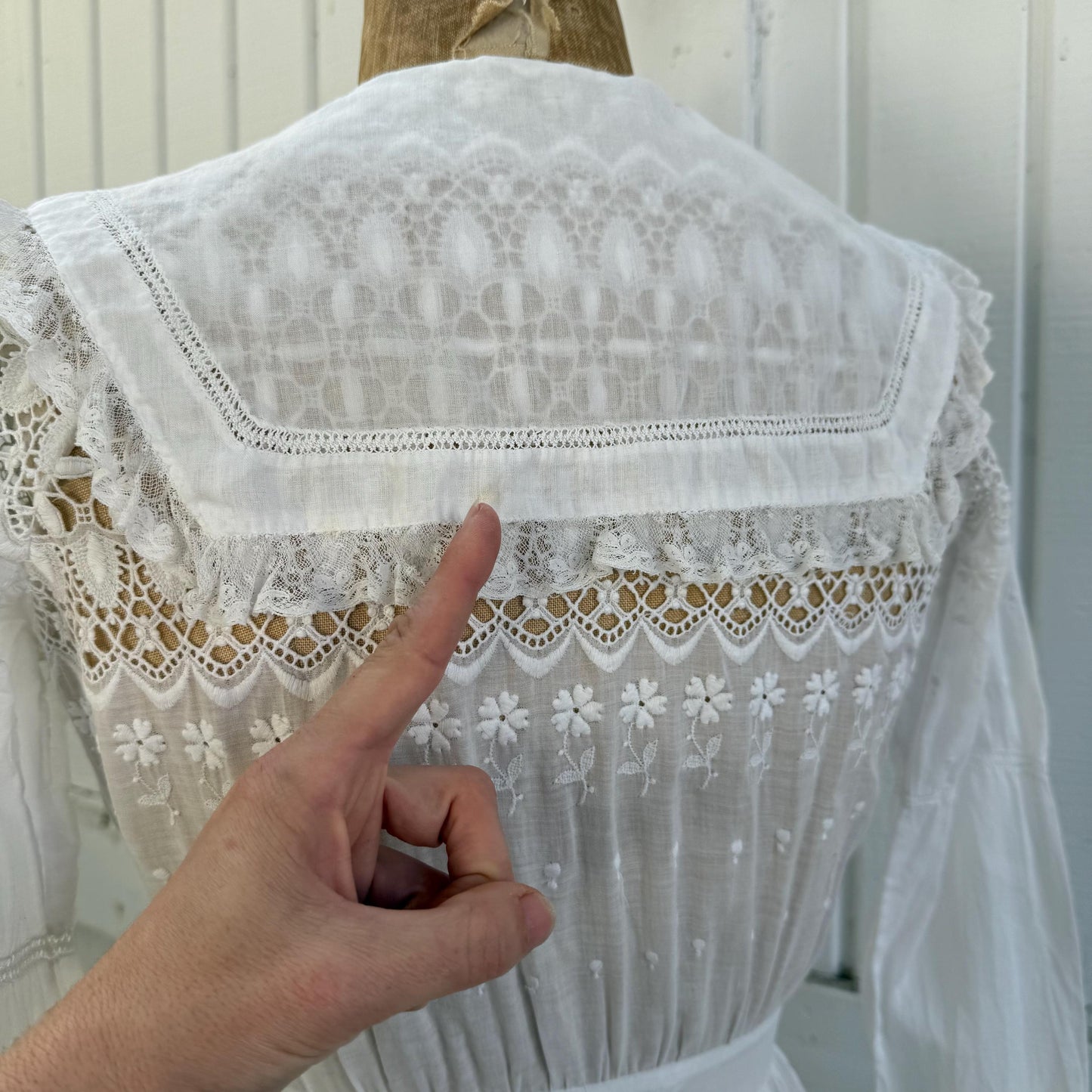 Antique Victorian Cotton Lace and Eyelet Long Sleeve Mini Dress