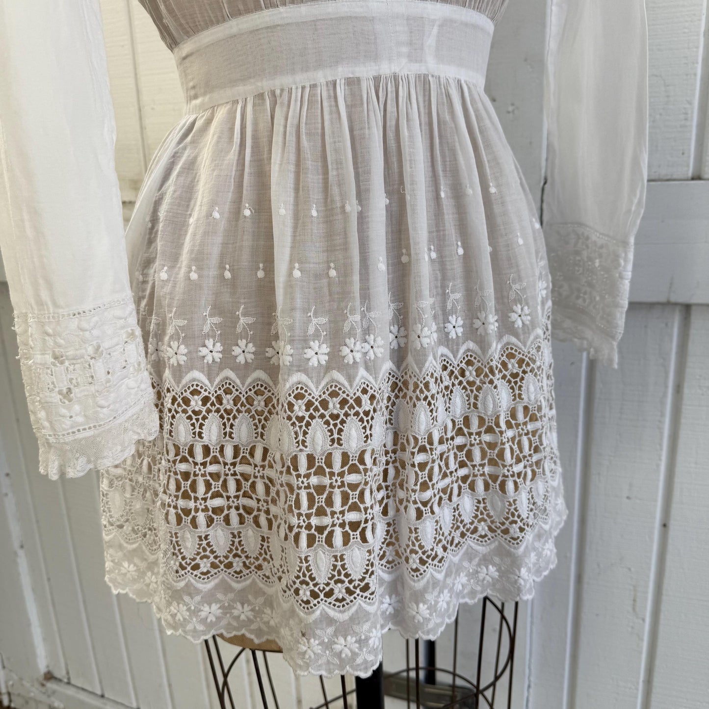 Antique Victorian Cotton Lace and Eyelet Long Sleeve Mini Dress