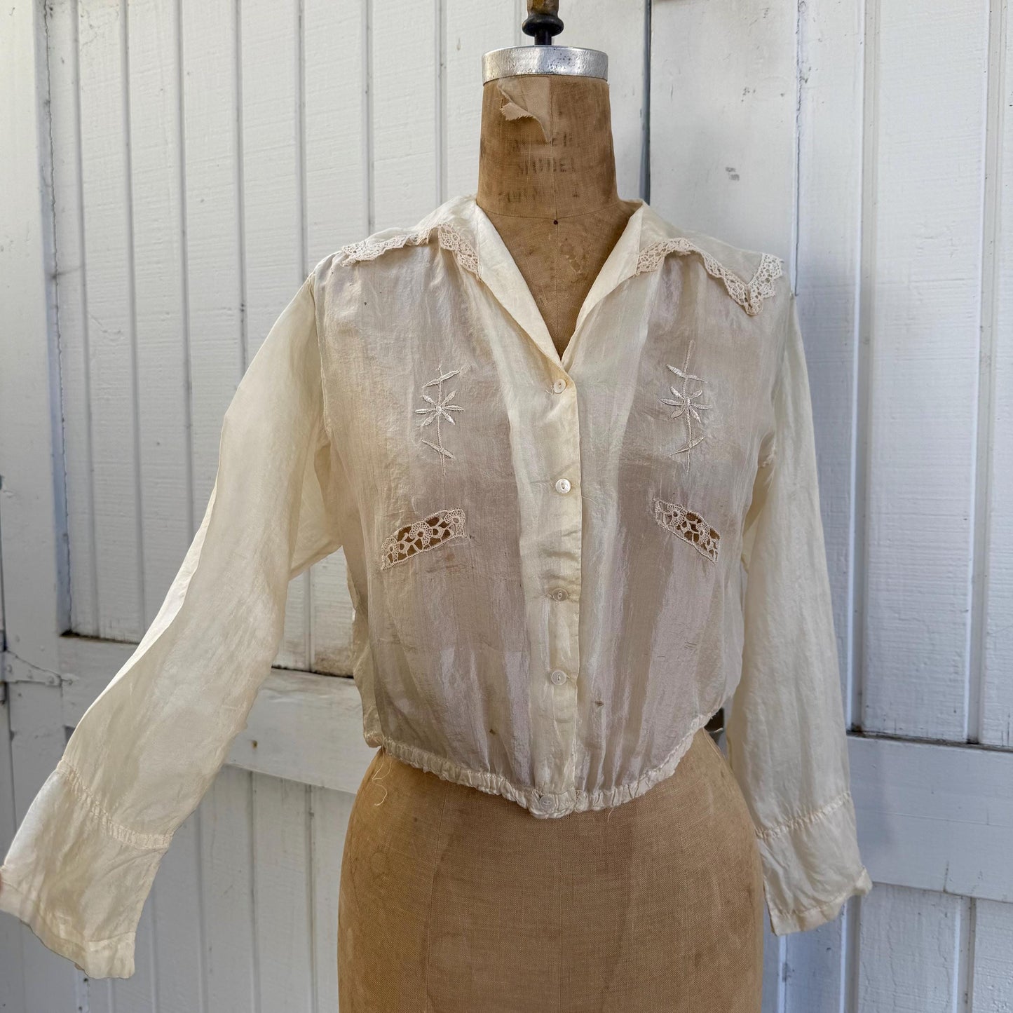 Antique Victorian Silk Embroidered Lace Trimmed Long Sleeve Blouse