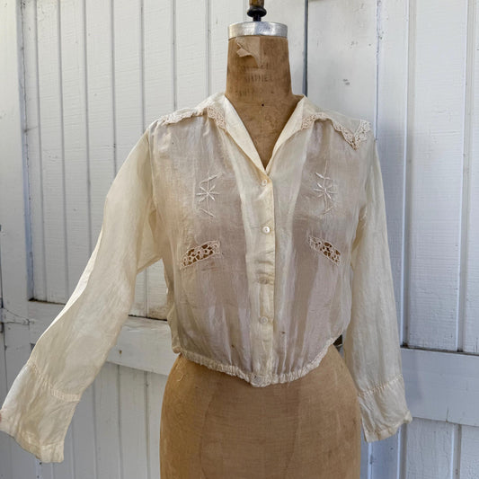 Antique Victorian Silk Embroidered Lace Trimmed Long Sleeve Blouse