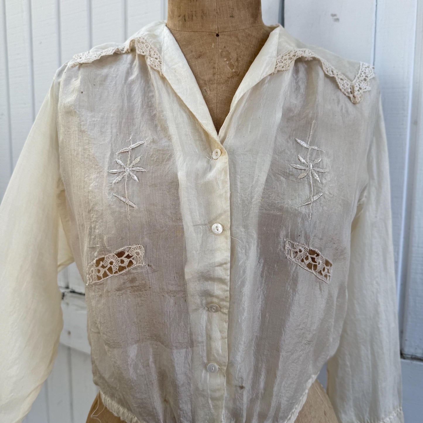 Antique Victorian Silk Embroidered Lace Trimmed Long Sleeve Blouse