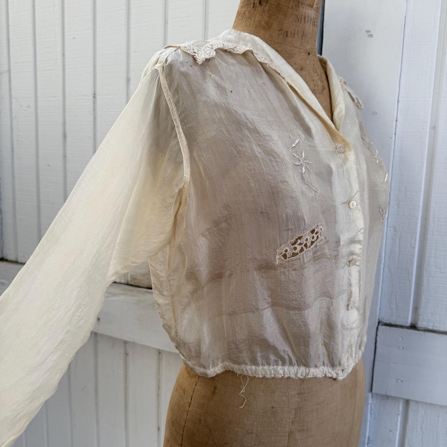 Antique Victorian Silk Embroidered Lace Trimmed Long Sleeve Blouse