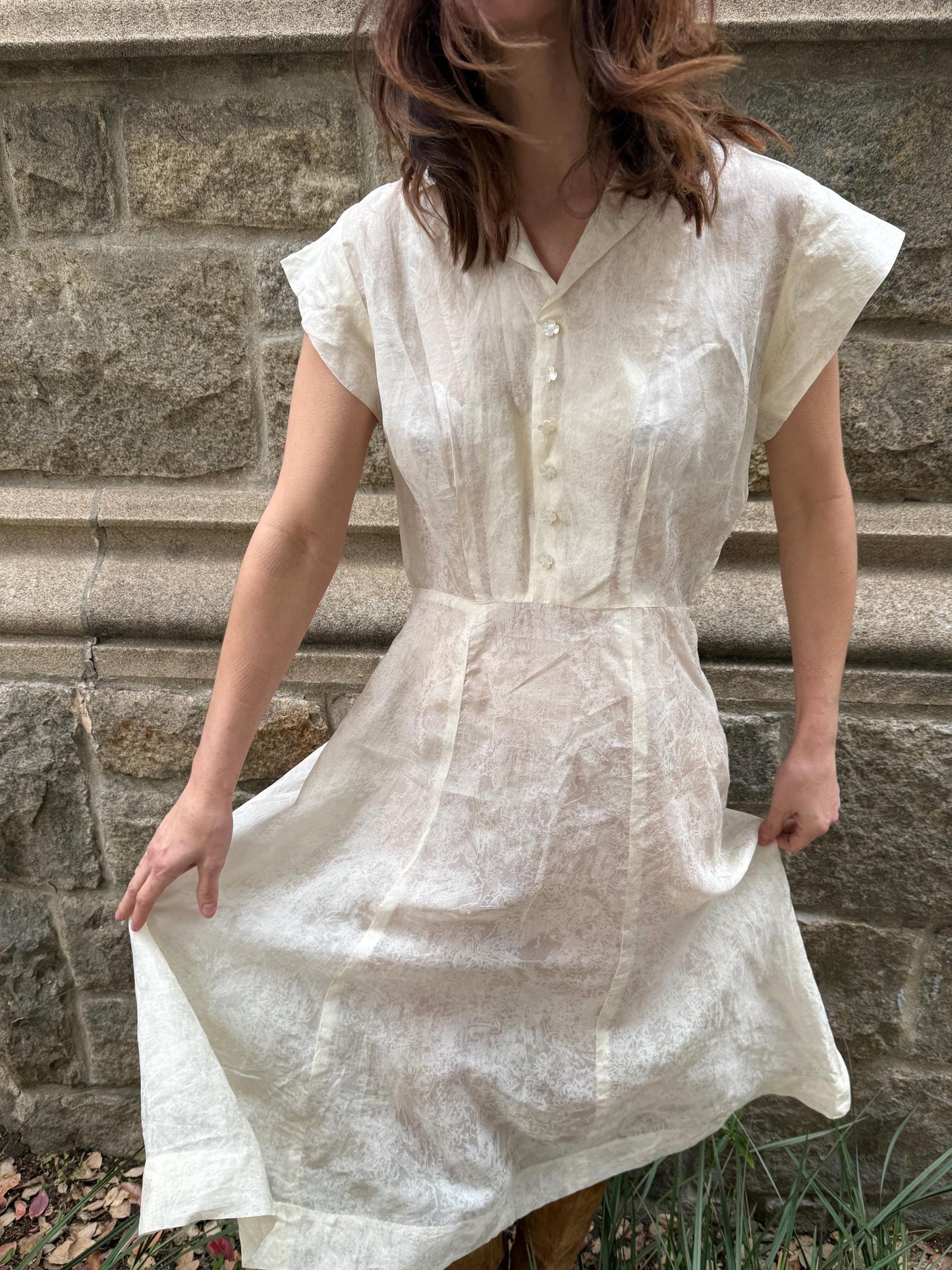 1940s Printed Silk Voile White Collared Day Dress with Clover Mother of Pearl Buttons