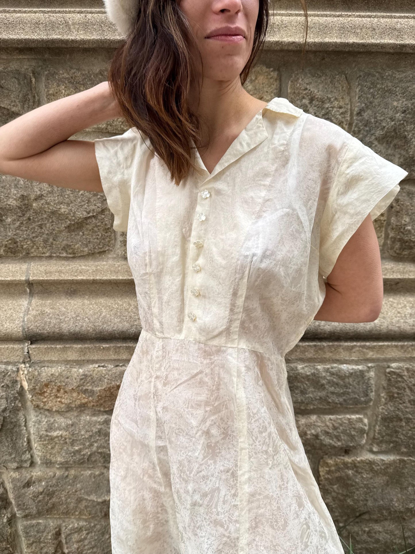 1940s Printed Silk Voile White Collared Day Dress with Clover Mother of Pearl Buttons