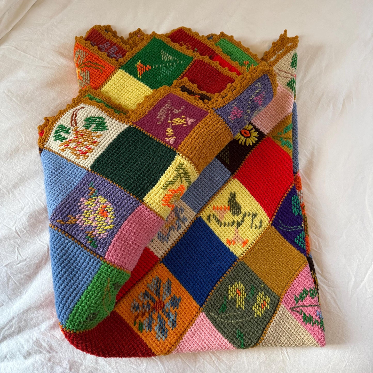 1970s Handmade Crochet Patchwork Rainbow Floral Diamond Needlepoint Afghan Throw Blanket