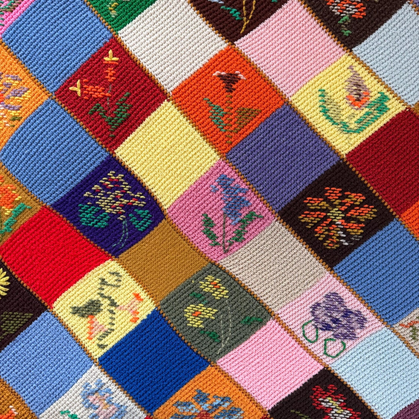 1970s Handmade Crochet Patchwork Rainbow Floral Diamond Needlepoint Afghan Throw Blanket