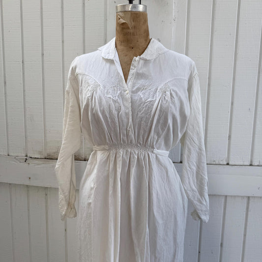 Victorian Linen Cotton Long Sleeve Embroidered Smocked Dress