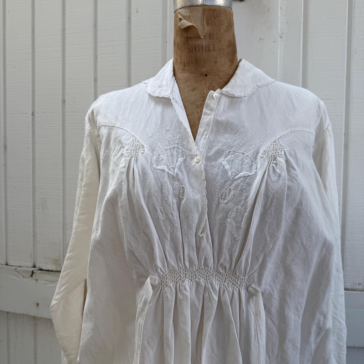 Victorian Linen Cotton Long Sleeve Embroidered Smocked Dress