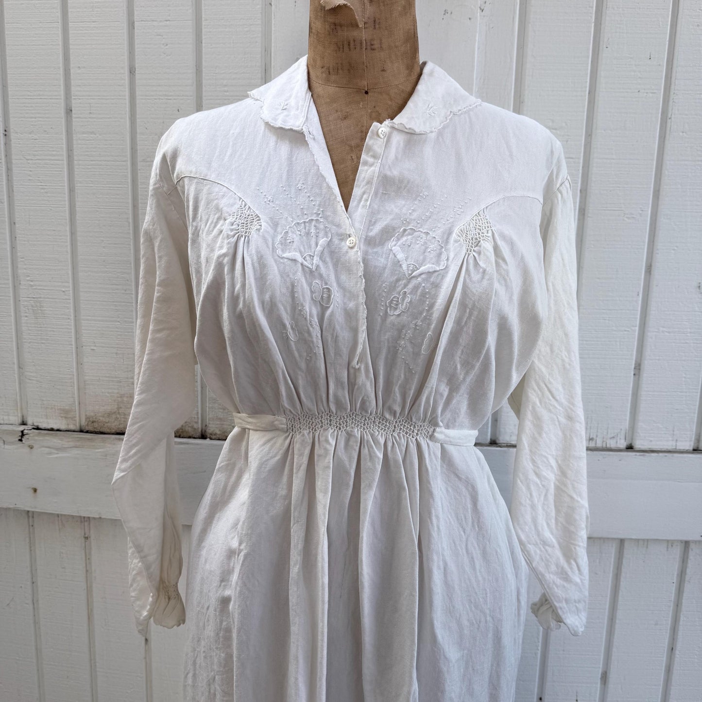 Victorian Linen Cotton Long Sleeve Embroidered Smocked Dress