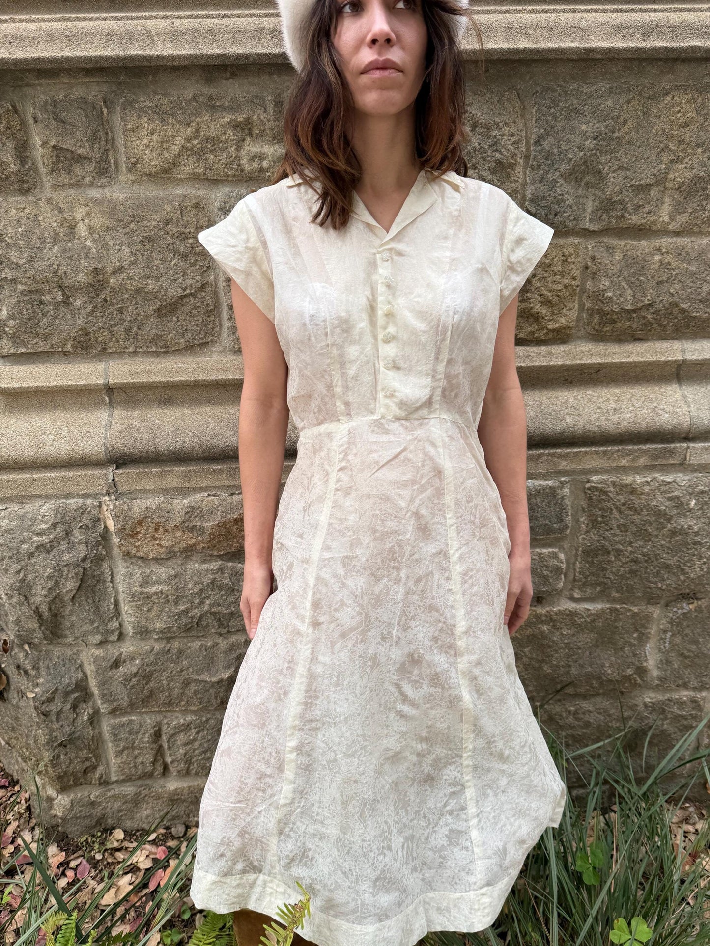 1940s Printed Silk Voile White Collared Day Dress with Clover Mother of Pearl Buttons