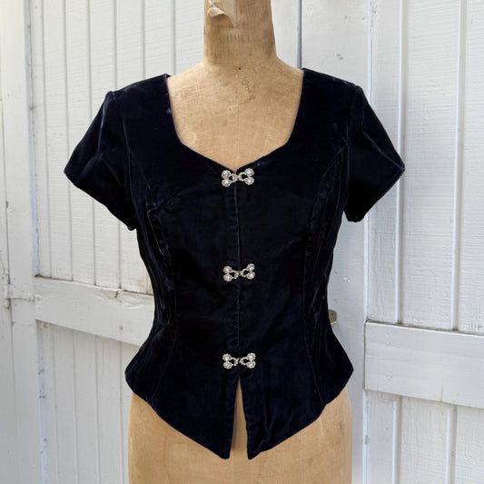 1990s Jordan Navy Velvet Rhinestone Clasp Front Bodice Blouse