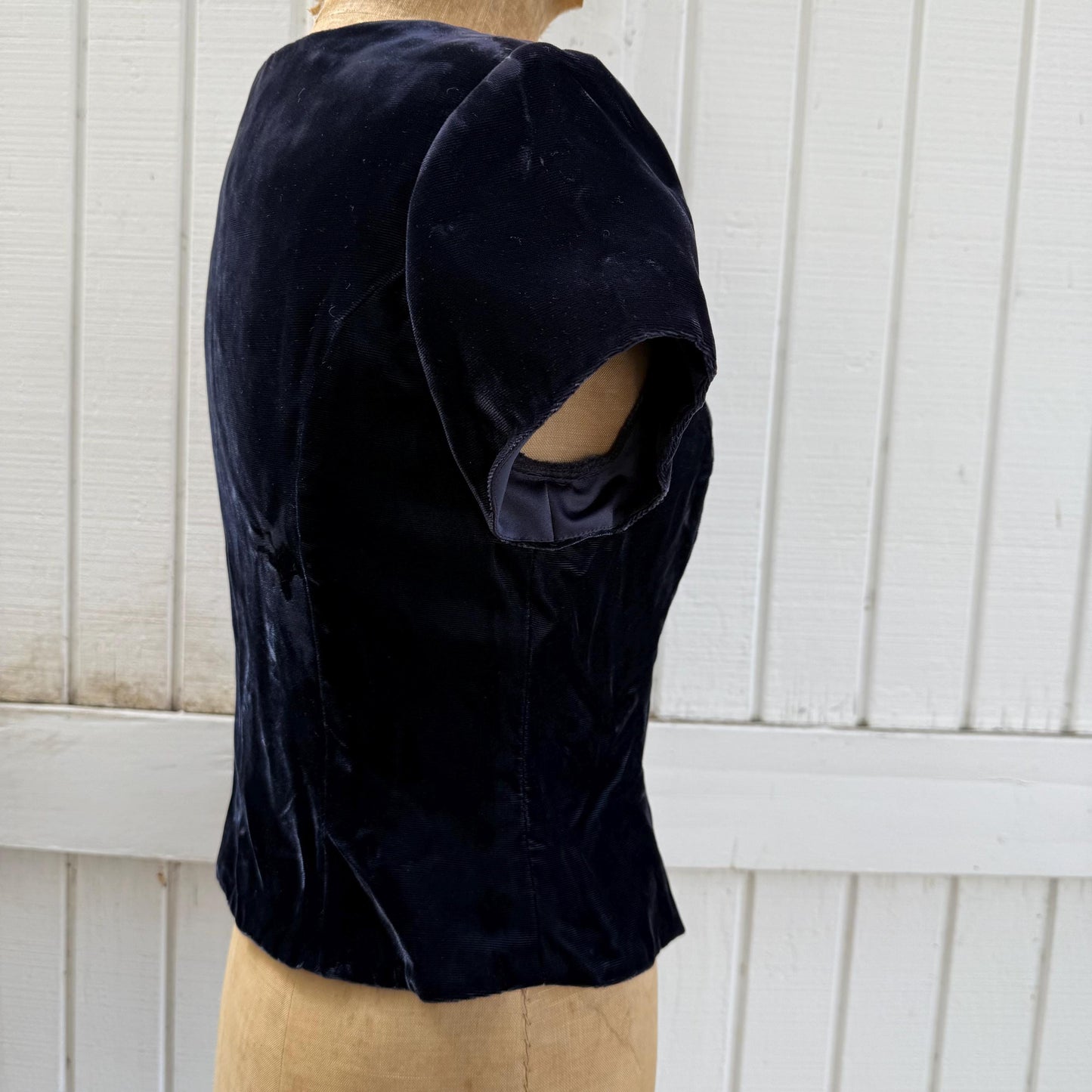 1990s Jordan Navy Velvet Rhinestone Clasp Front Bodice Blouse