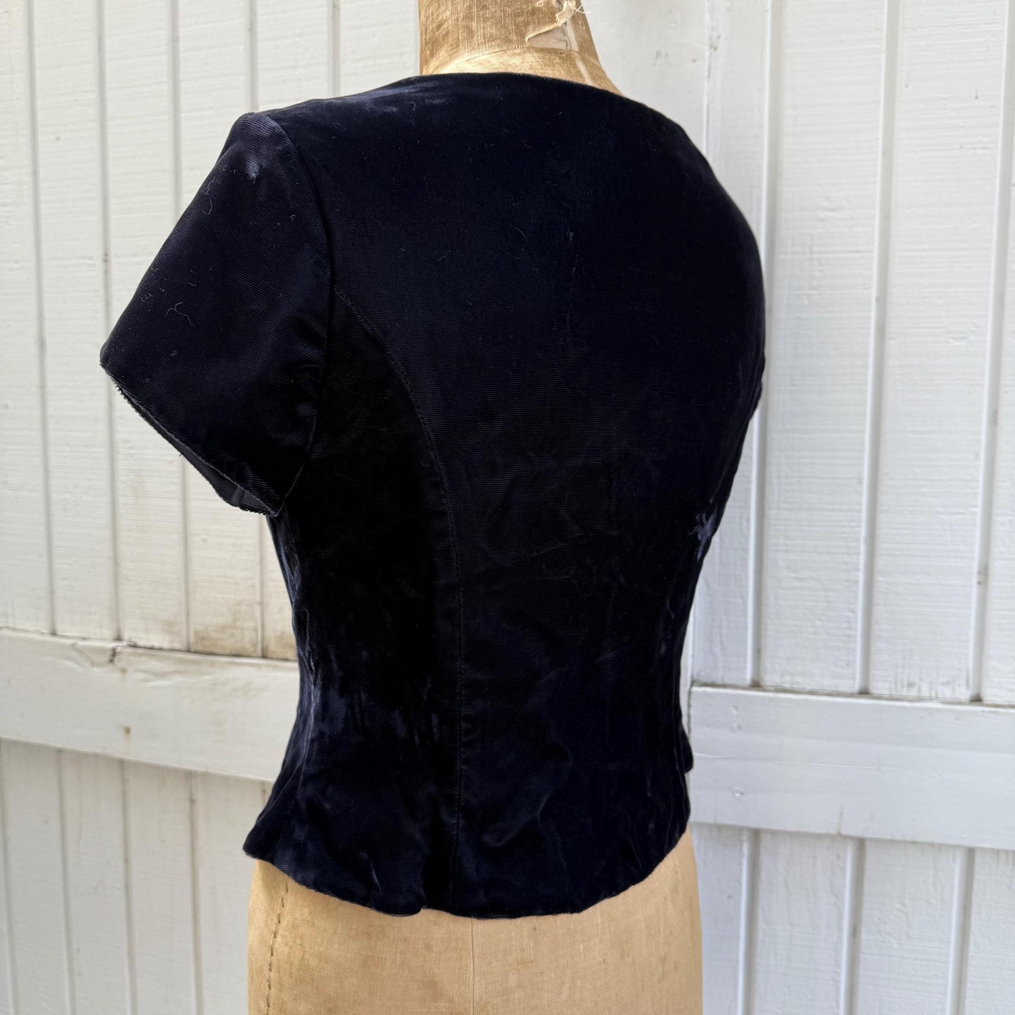 1990s Jordan Navy Velvet Rhinestone Clasp Front Bodice Blouse
