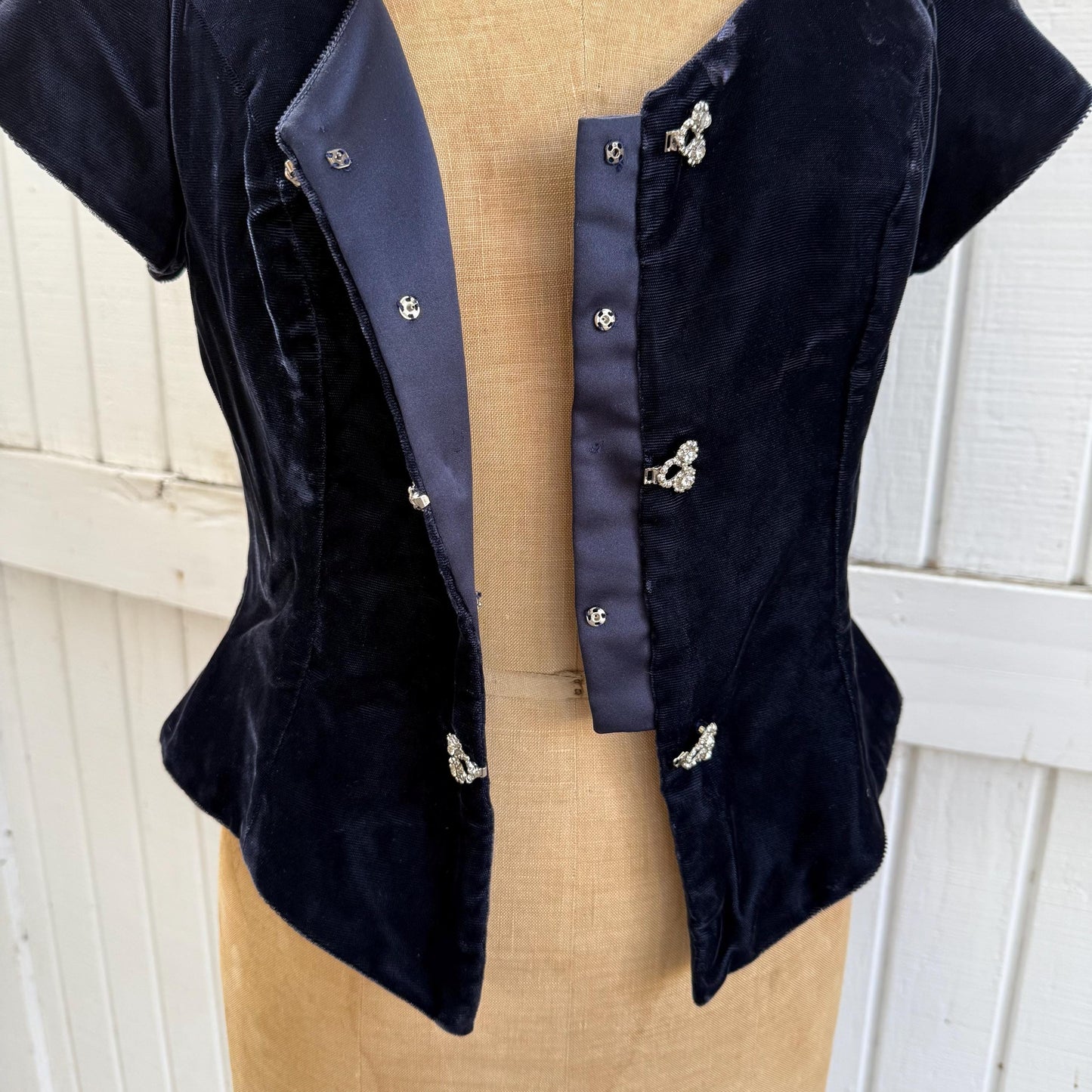1990s Jordan Navy Velvet Rhinestone Clasp Front Bodice Blouse