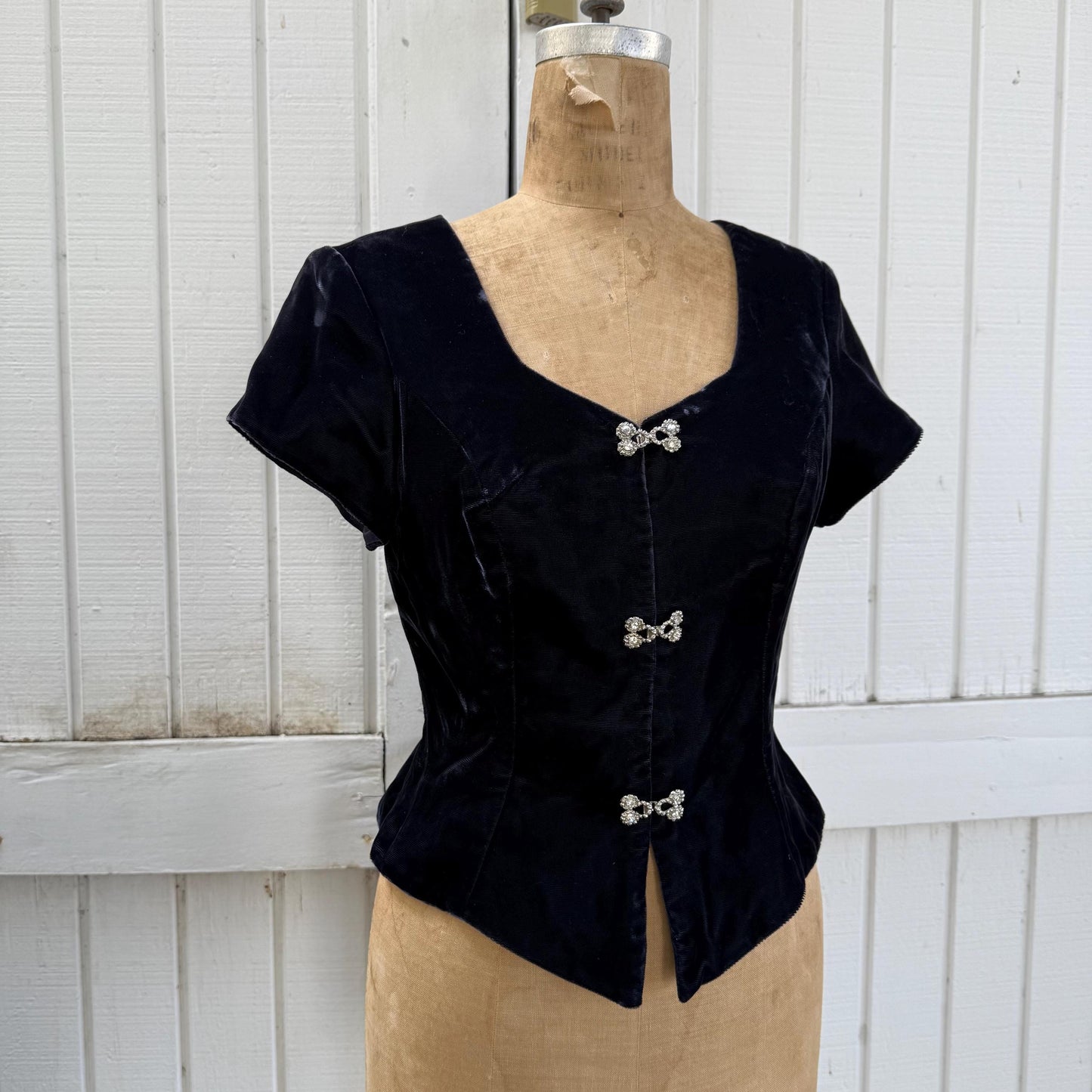 1990s Jordan Navy Velvet Rhinestone Clasp Front Bodice Blouse