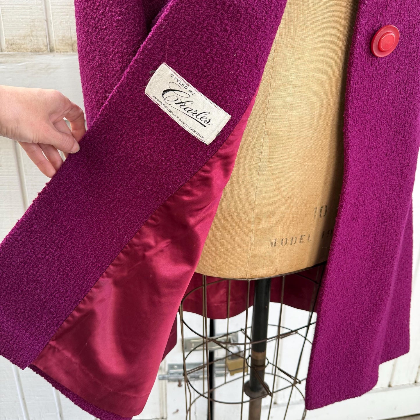 1950s Raspberry Styled by Charles Wool Tweed Boucle Fur Collar Coat