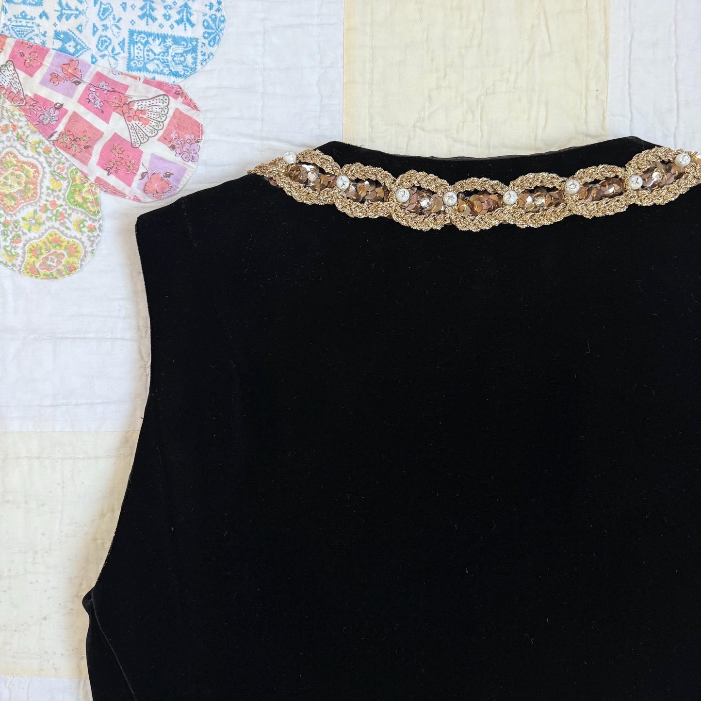 1960s Black Velvet Sequin Rhinestone Gold Trimmed Folk Vest