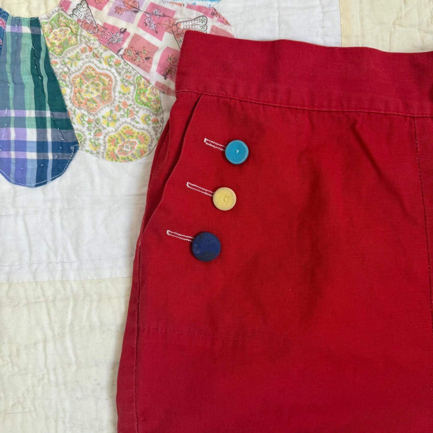 1940s Brookdale Sportogs Red Polka Dot Rainbow Button Clown High Waist Shorts