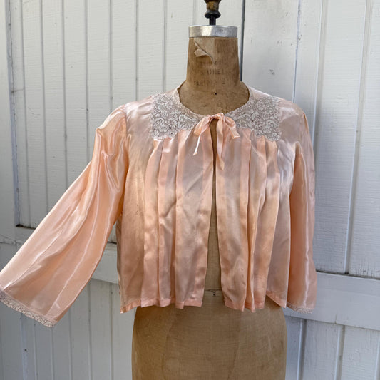 1940s Pink Lace Trimmed Silk Rayon Pleated Bed Jacket M As-Is