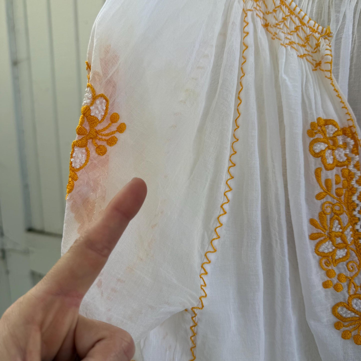 1940s Hungarian Hand Embroidered Smocked Cotton Gauze Blouse