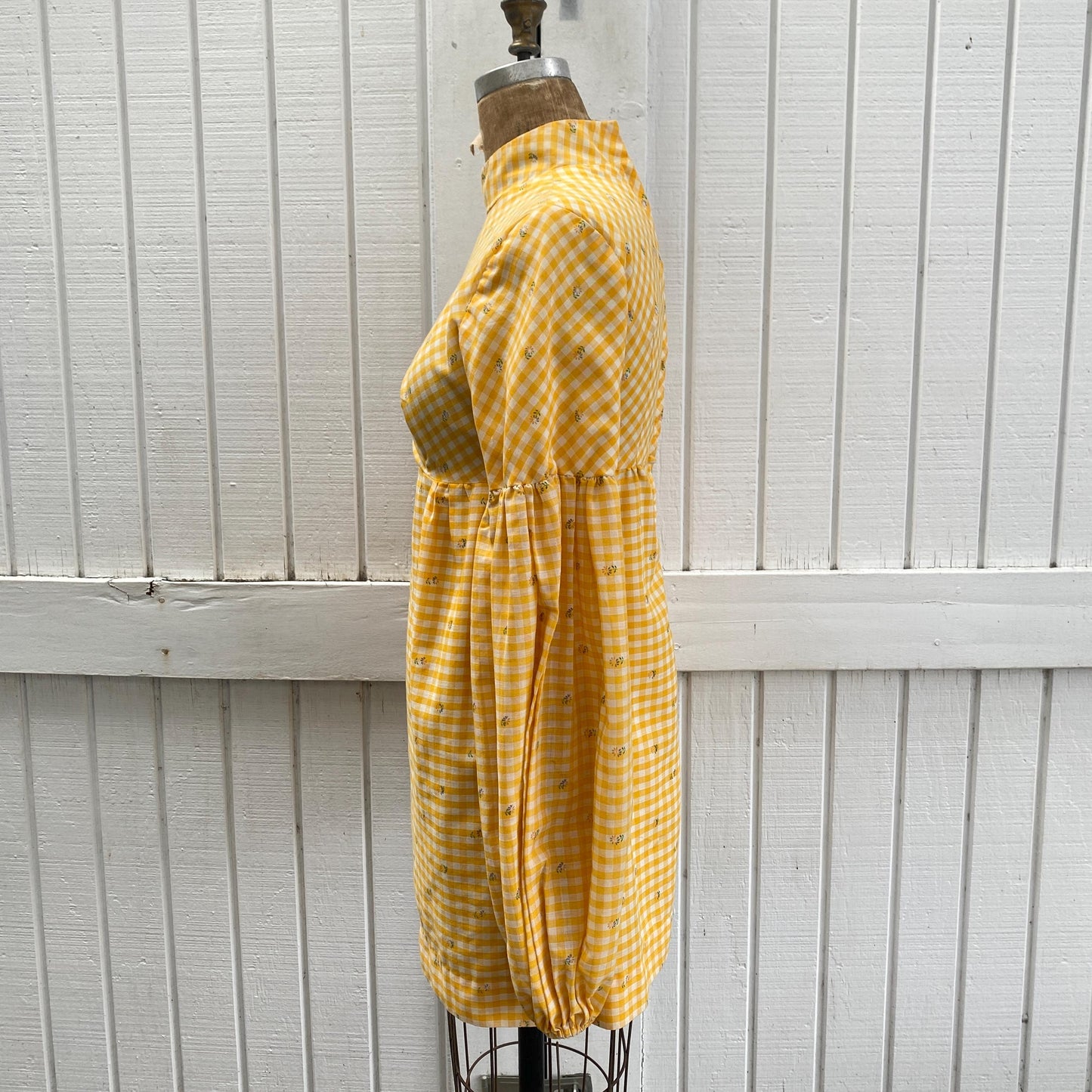 70s Mod Yellow Gingham High Neck Mini Dress Handmade