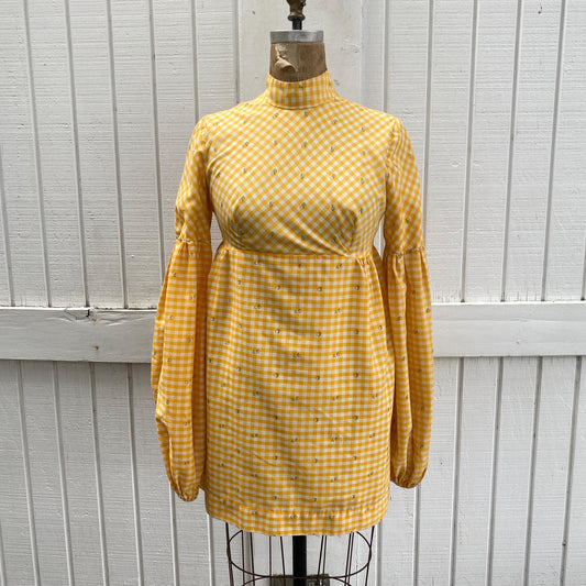 70s Mod Yellow Gingham High Neck Mini Dress Handmade