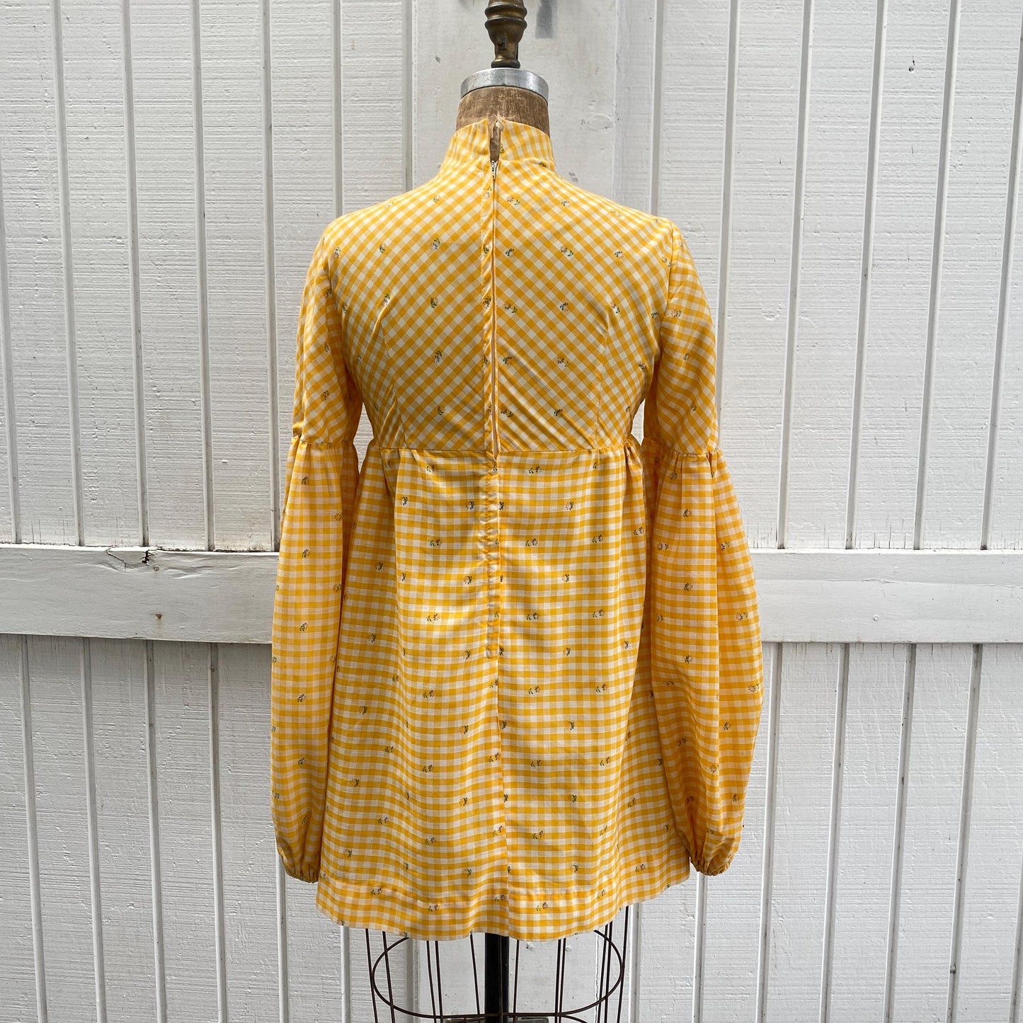 70s Mod Yellow Gingham High Neck Mini Dress Handmade