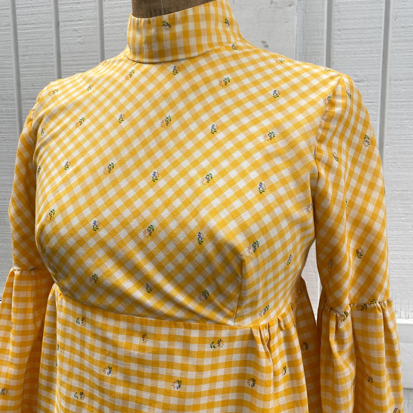 70s Mod Yellow Gingham High Neck Mini Dress Handmade