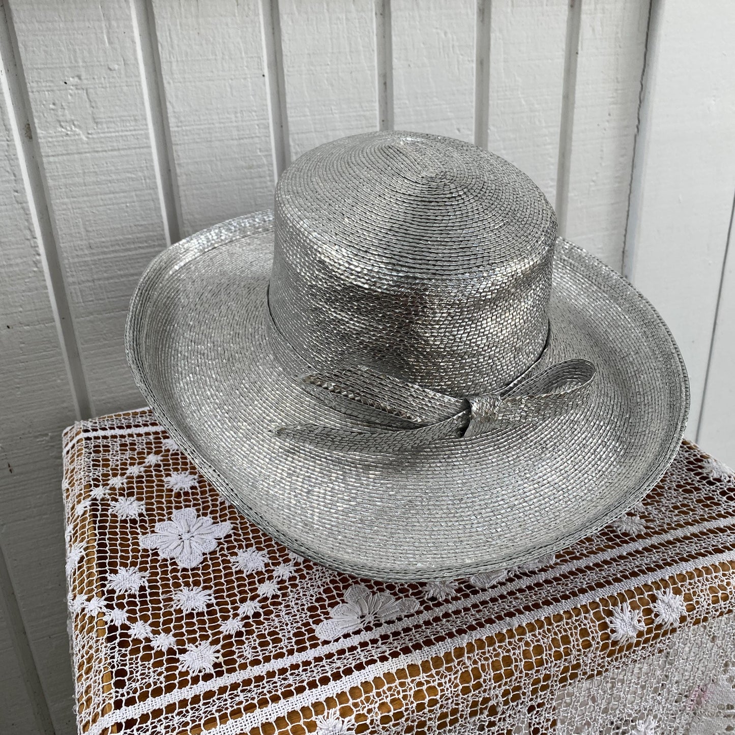 1960s Frank Clive for Neiman Marcus Silver Woven Wide Brim Hat with Bow
