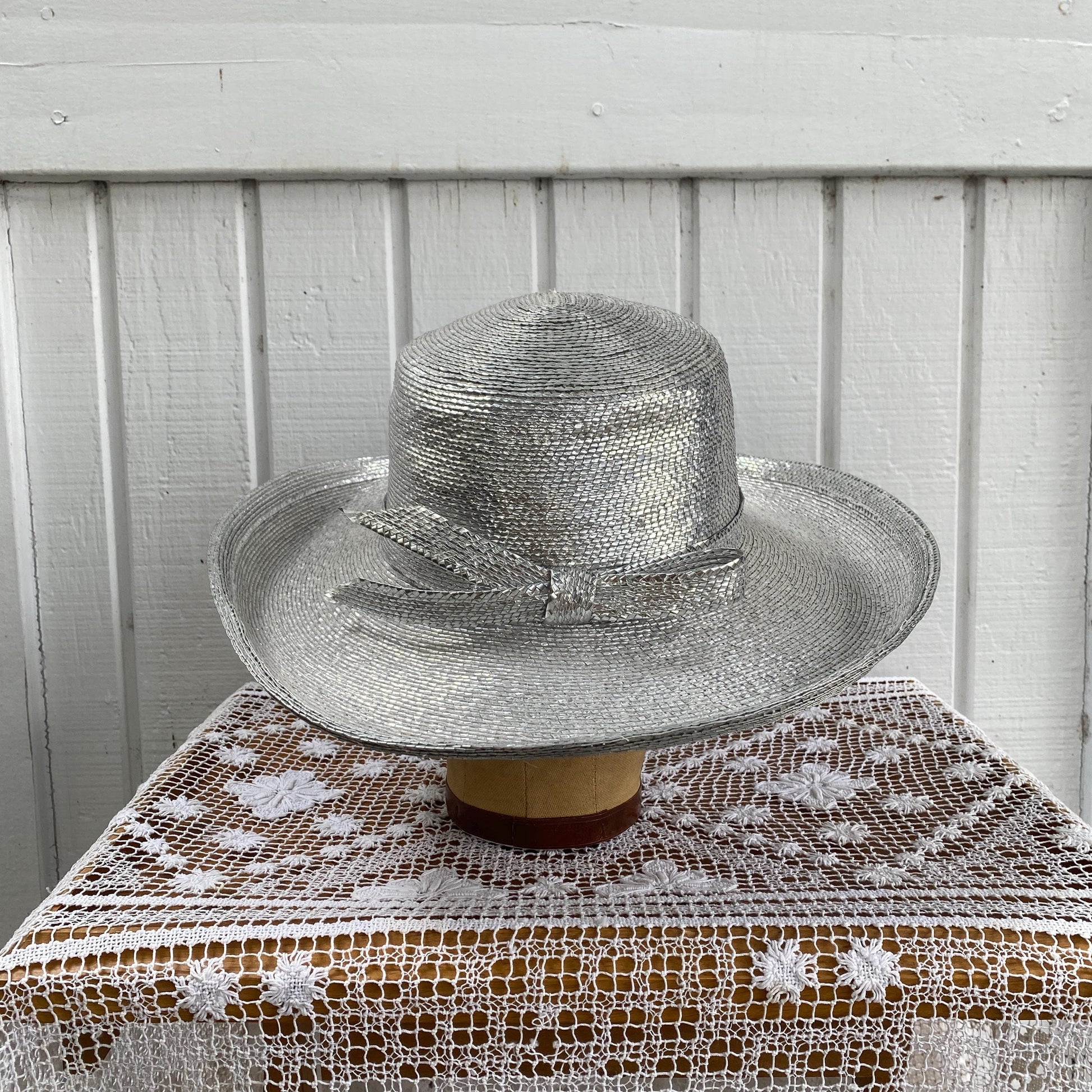 1960s Frank Clive for Neiman Marcus Silver Woven Wide Brim Hat with Bow