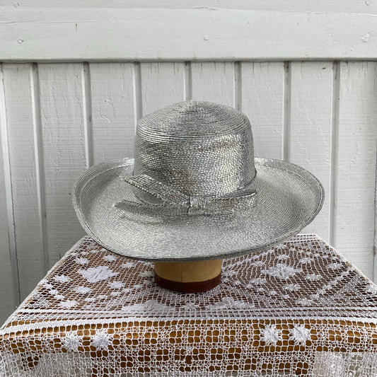 1960s Frank Clive for Neiman Marcus Silver Woven Wide Brim Hat with Bow